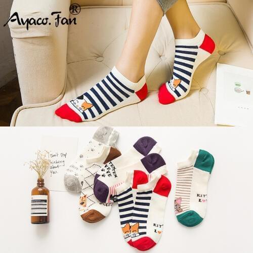 5 Pairs/Lot Womens Short Socks New Female Low Cut Ankle Sock Summer Spring New Girls Simple Cotton Sock Cute Animal Cat Socks