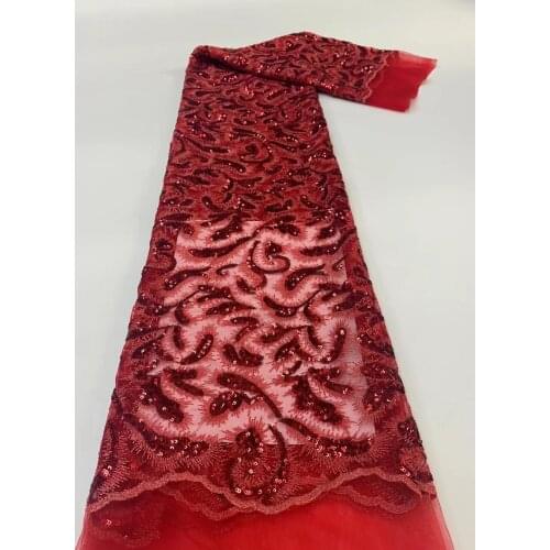 5yards/pc) Latest embroidered French net lace red African tulle lace fabric with sequins for party dress 7 colors FJS002
