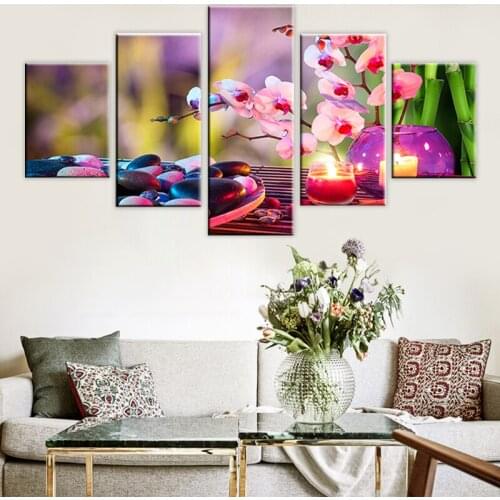 Framed Abstract Modern Home Decor Canvas Print Candle Painting 5 Panel Beautiful Flower Wall Art For Living Room Modular Picture