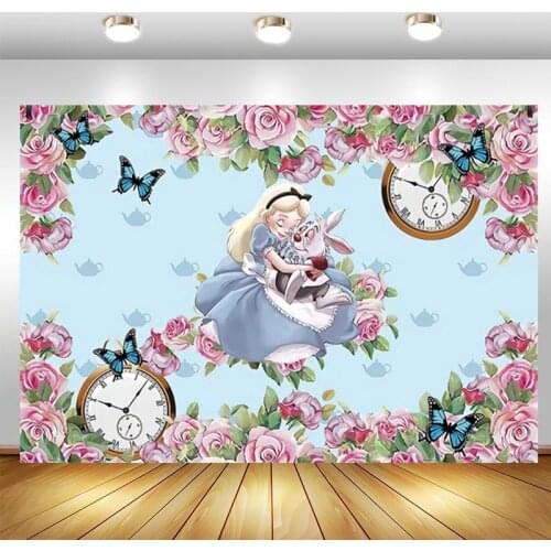 Alice In Wonderland Backdrop Princess Girls Birthday Party Clock Rabbit Pink Flower Photo Background Photocall Prop Decor Banner