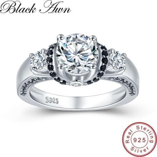 [BLACK AWN] Genuine 4.7g 925 Sterling Silver Jewelry Black&White Stone Wedding Rings for Women Round Engagement Ring Bague C433