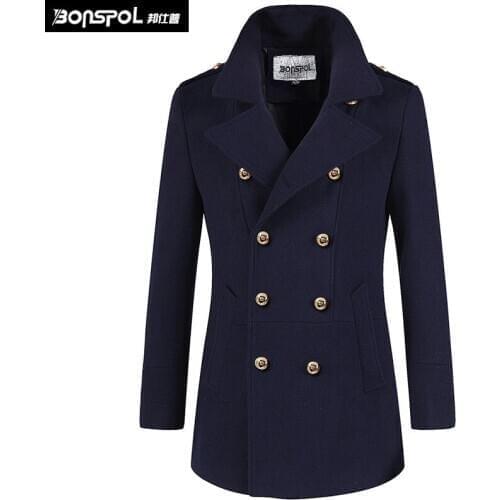Brands BONSPOL Mens Woolen Trench Fashion Overcoat Slim Medium-long Male Outerwear Cotton Liner Thicken