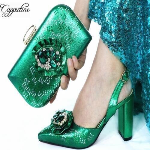 Capputine Latest Design Italian With Rhinestone Shoes With Purse African Style Green High Heels Shoe And Bag Sett For Party