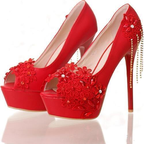 Red Lace Flower Non-slip 14cm High-heeled Shoes Platform Wedding Shoes Peep Toe Party Shoes Tassel Single Shoes Women Pumps