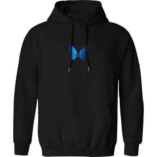Butterfly Blue Print Hooded Mens K-pop Casual Male Sweatshirt Vintage Outwear Hipster Mans Clothing Fashion Tracksuits Homme