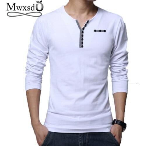 Mwxsd spring casual mens long sleeve cotton T shirt Men Brand solid Slim Fit fashion V neck t shirt m-5xl size