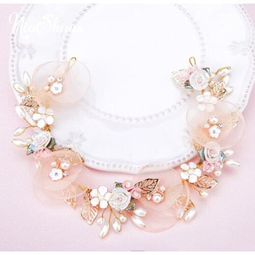 NiuShuya Handmade Silk Yarn Wedding Hair Accessories Bridal Hair Jewelry Porcelain flower Bridesmaid Headdress Pearl Headband