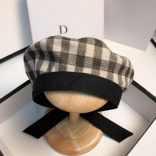 New Autumn Winter Plaid Beret Hats For Women French Berets Fashion Female Houndstooth Berets Berets With Adjustable Rope