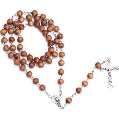 Handmade Round Bead Catholic Rosary Cross Religious Wood Beads Necklace Gift