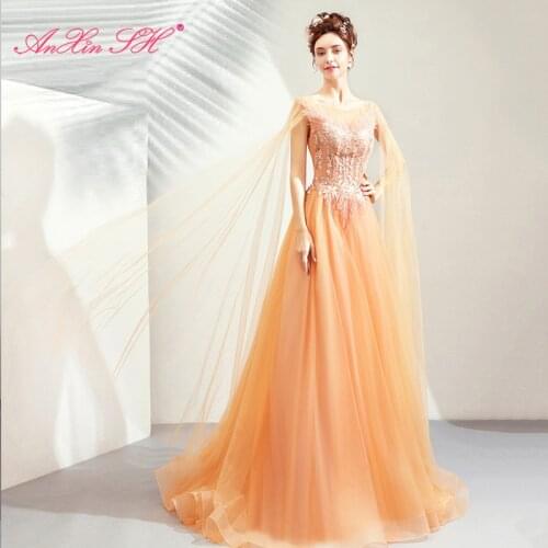 AXJFU luxury princess golden lace evening dress party vintage o neck illusion beading flower with veil golden evening dress 1826