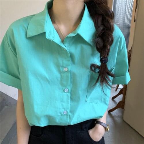 Summer loose collar curled cuff short-sleeved shirt simple and versatile single-breasted blouse female
