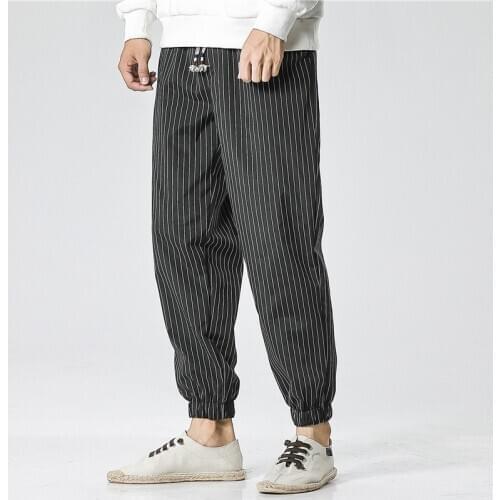 #2567 Spring Autumn Striped Pencil Harem Pants Men Elastic Waist Loose Vintage Casual Joggers Mens Cotton Linen Harem Trousers