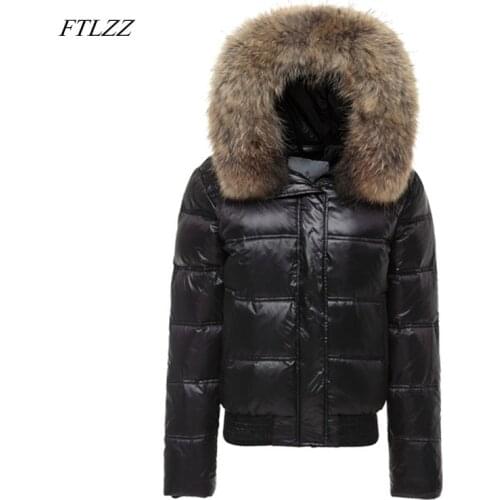 FTLZZ Real Raccoon Fur Winter Jacket Women Long Sleeve Slim White Duck Down Parkas Female Hooded Pockets Coat Outwear