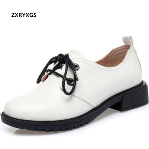 2021 Spring Lace-up Deep Mouth Genuine Leather Shoes Female Black White Thick with Low Heel Work Shoes Large Size Women Shoes