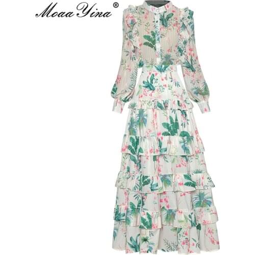 MoaaYina Autumn New Fashion Floral print Skirts Suit Women Long sleeve Loose Shirts and Vacation Midi Skirts Two Pieces Set