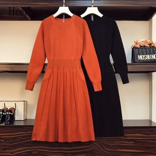 Plus size women autumn winter solid knitted sweater dresses women long sleeve elegant basic pleated dresses female knit vestidos