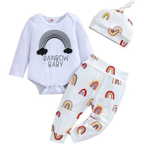 2021 0-18M Infant Girl Clothes Fashion Rainbow BABY Letter Print Long Sleeve Romper+Trousers with Hat Spring Fall Outfits 3pcs