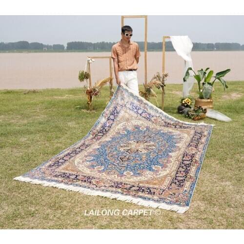 6'x9' Blue Orietnal Handmade Silk Carpet Classic Hand Knotted Silk Rug (SL191A)