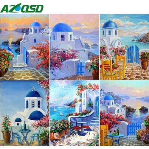 AZQSD 5D Diamond Painting New Arrivals Town Full Square Drill Diamond Art Santorini Landscape Picture Of Rhinestones Home Decor