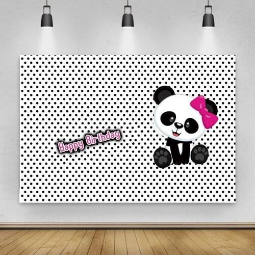 Cartoon Cute Panda Pink Bow 2nd Birthday Party Backdrops Black Dots Pattern Kids Cake Table Backgrounds For Photo