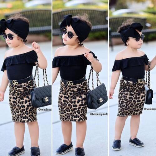 Girls' Set Black Cotton Tube Top Ruffles + Leopard Short Skirt + Belt Three-Piece Set