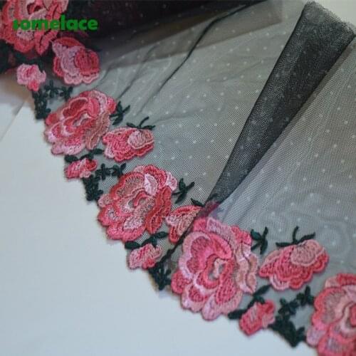 2Yds/lot 16cm Wide Dark Blue Dot Gazue Fluorescent Pink Floral Embroidery High Quality Lace Trim For Garments And Wedding