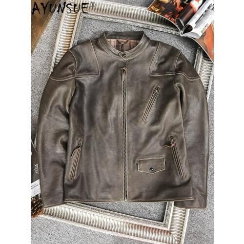 AYUNSUE 100% Genuine Leather Jacket Men Vintage Real Cowhide Coat Short Biker Jacket for Men Spring Autumn 2021 Chaquetas Hombre