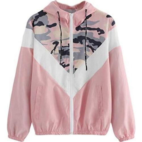 Autumn Jackets Women Long Sleeve Pink Patchwork Camouflage Thin Hooded Zipper Pockets Sport Outdoor Running Coat