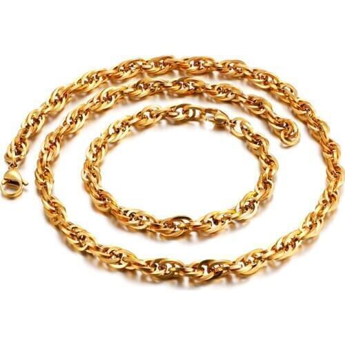 Size 24''+8.5'' wide 6.5mm Stainless Steel Gold Rope chain Necklace & Bracelet set for women boy mens jewelry set