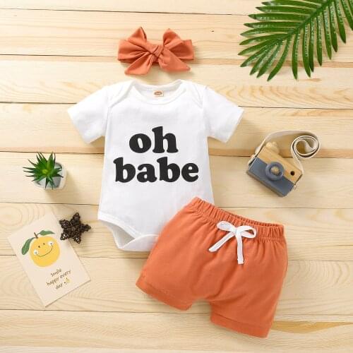 Newborn baby clothes 2021 summer fashion letter short-sleeved romper + sports shorts + headband 3PCS male and female baby suit