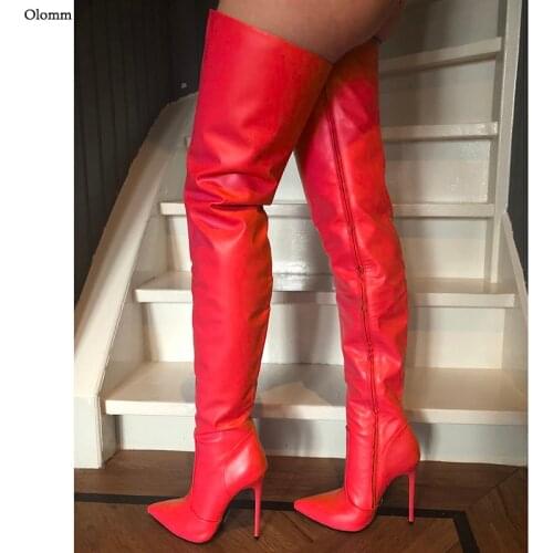 Olomm Women Spring Crotch Boots Side Zipper Stiletto Heels Pointed Toe Gorgeous 12 Colors Club Shoes Women Plus US Size 5-15