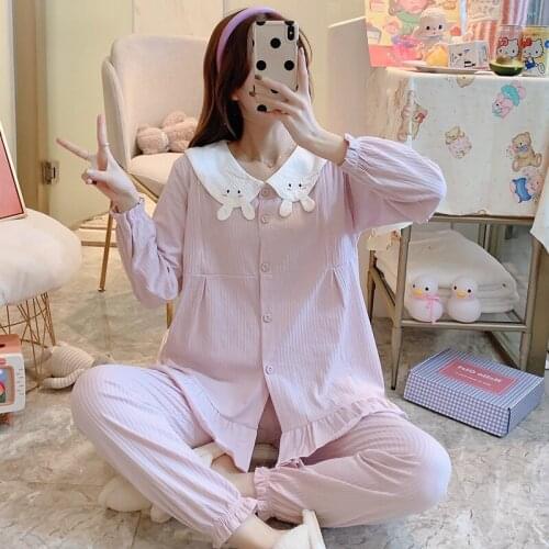 Autumn Spring Long Sleeve Lace 100% Cotton Maternity Nursing Sleepwear Pregnancy Suits Pajamas Set Clothes for Pregnant Women