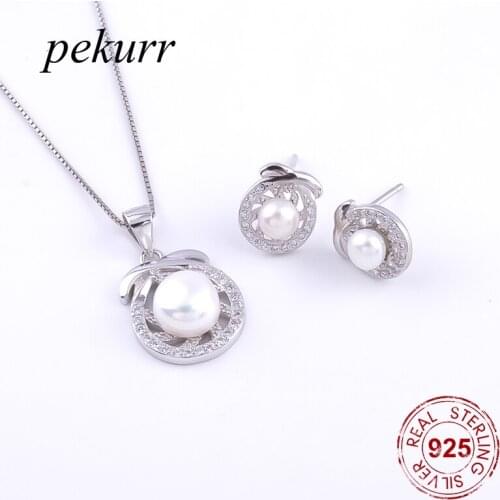 Pekurr 925 Sterling Silver Zircon Coconut Tree Freshwater Natural Pearl Earrings Sets Necklace Summer Plant Pendants Jewelry