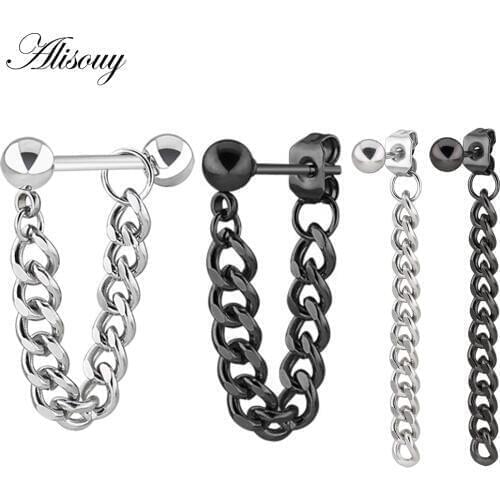 Alisouy 1pc Men Women Punk Ball Earring stainless Steel chain eardrop pendant ear jewelry simple Personality Women Men Earring