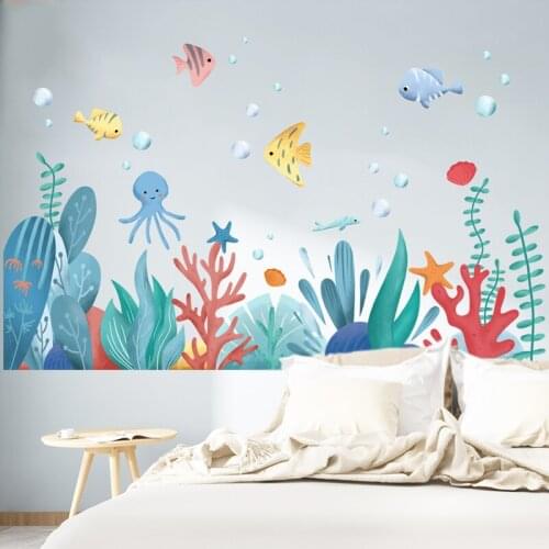 [shijuekongjian] Fish Animals Wall Stickers DIY Seagrass Plants Wall Decals for Kids Room Baby Bedroom Bathroom Home Decoration