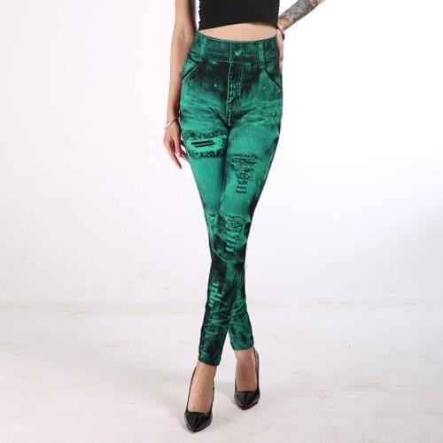 Sport soak up sweat quickly dry imitation denim leggings fitness running yoga pants seamless high-waisted print pants