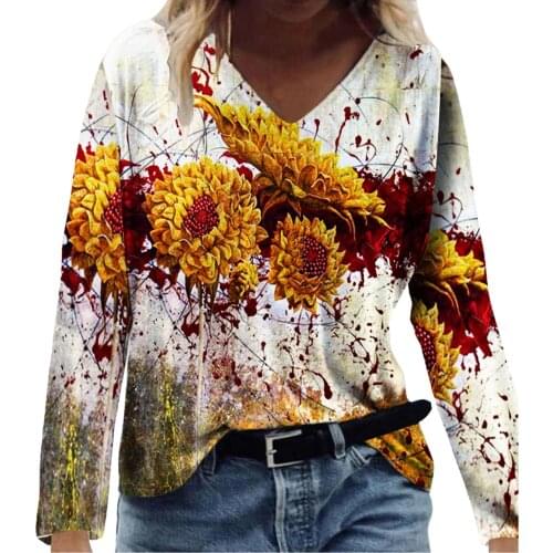 Flower Printed V-Neck T Shirts Woman Top Long Sleeve Loose T-shirt Women Casual Tops Tee Shirts Female Harajuku Mujer Camisetas