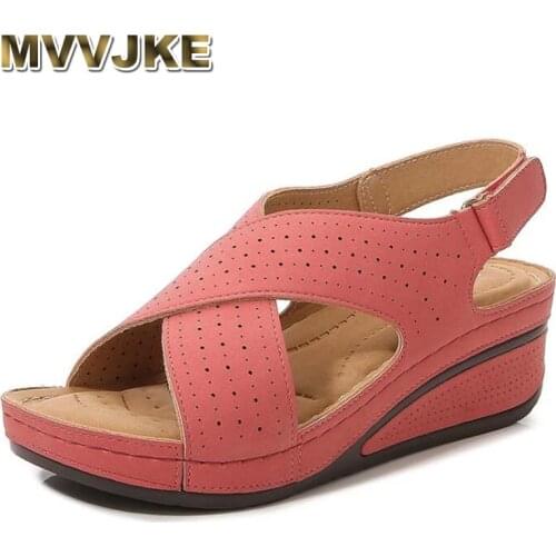 MVVJKEWomen Shose Summer 2021 Casual Leather Sandals Velcro Retro Sandalis Women Plus Size Hollow Wedges Sandals