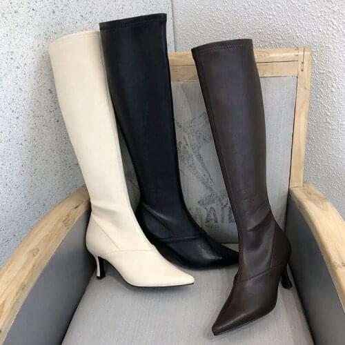 Korean style womens shoes new pointed toe stitching side zipper stiletto high heel high boots