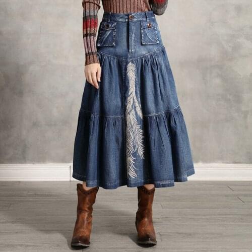 Johnature Women Embroidery Floral Denim Skirts Blue Pockets 2021 Autumn New Vintage A-Line Female Denim Chinese Style Skirts