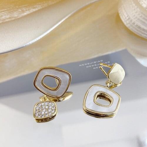 MENGJIQIAO Korean Cute Geometric Shell Hollow Square Drop Earrings For Women Girls Elegant Zircon Pendientes Jewelry Gifts