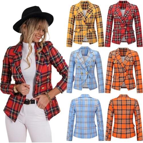 Women Plaid Blazer Slim Suit Jacket Double Breasted Blazer Femme office lady long-sleeved jacket Coat Outfits Work Clothes