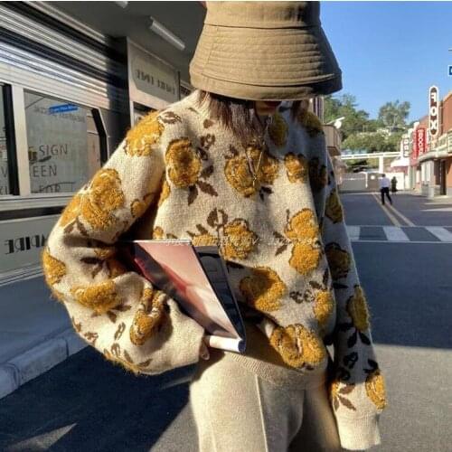 Vintage Flower Sweater Women Autumn Winter Knitted Tops O-Neck Long Sleeve Retro Loose Pullover Jumpers Sueter Mujer