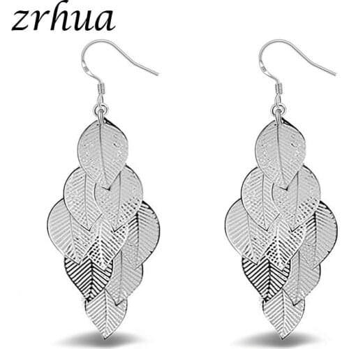 ZRHUA Factory Promotions Wholesale Beautiful Leaf Silver Color WOMEN Drop Earring High Quality Fashion Classic Jewelry