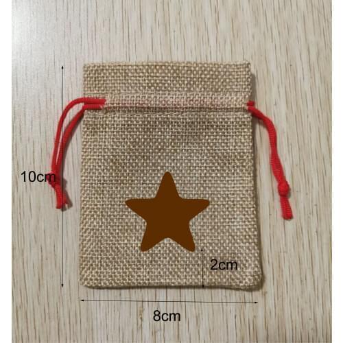 Custom Made 200pcs 8*10cm 3mm Red Rope Hemp Color Drawstring Linen Bags Printed With Brown Logo On Both Sides