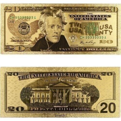 24k Gold Banknote Gold Foil Plated Artwork Gift Paper Money Copy Bank Note USD 20 Dollar Banknote with Display Stand