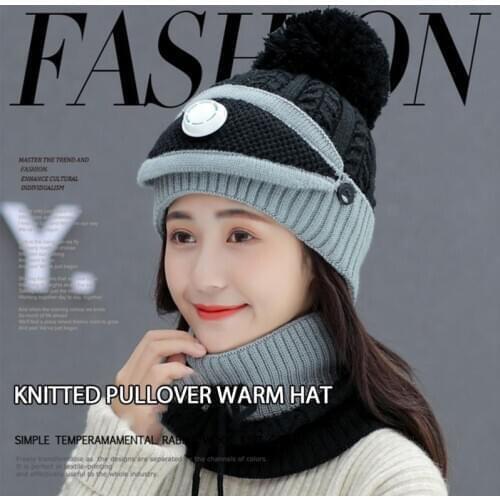 3pcs/Set Womens Knit Caps Winter Cycling Beanies Velvet Thick Mask Beanie Hat Dustproof Hats Female Warm Knitted Wool Cap