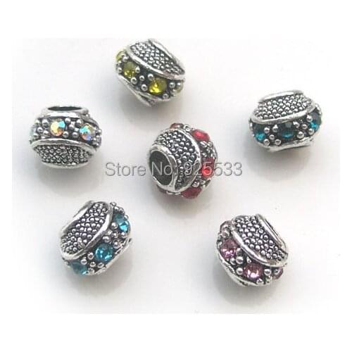Free Shipping 20pcs 11mm antique silver plated alloy big hole beads mix color rhinestone charms fit European bracelet DIY