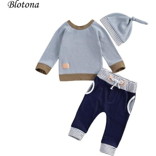 Blotona Toddler 3Pcs Set Baby Boy Patchwork Long Sleeve Pullover Top Striped High Waist Pants Pumpkin Hat for Spring Fall 0-24M