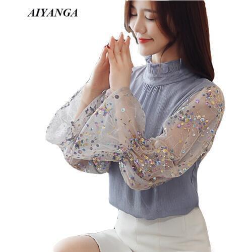 New Fashion Chiffon Blouses For Women 2019 Spring Shirts Patchwork Mesh Flare Sleeve Elegant Shirts Pullovers Tops Female